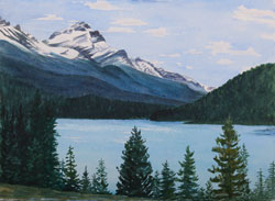 Watercolor painting Snow on Riverbank